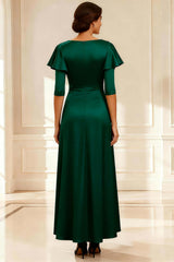 Dreamyannie Dark Green Satin V Neck A Line Long Mother Of The Bride Dress