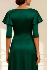 Dreamyannie Dark Green Satin V Neck A Line Long Mother Of The Bride Dress
