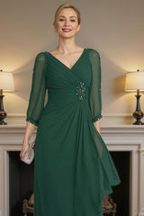 Dreamyannie Dark Green V Neck Chiffon Floor Length Mother Of The Bride Dress With Beading