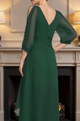 Dreamyannie Dark Green V Neck Chiffon Floor Length Mother Of The Bride Dress With Beading
