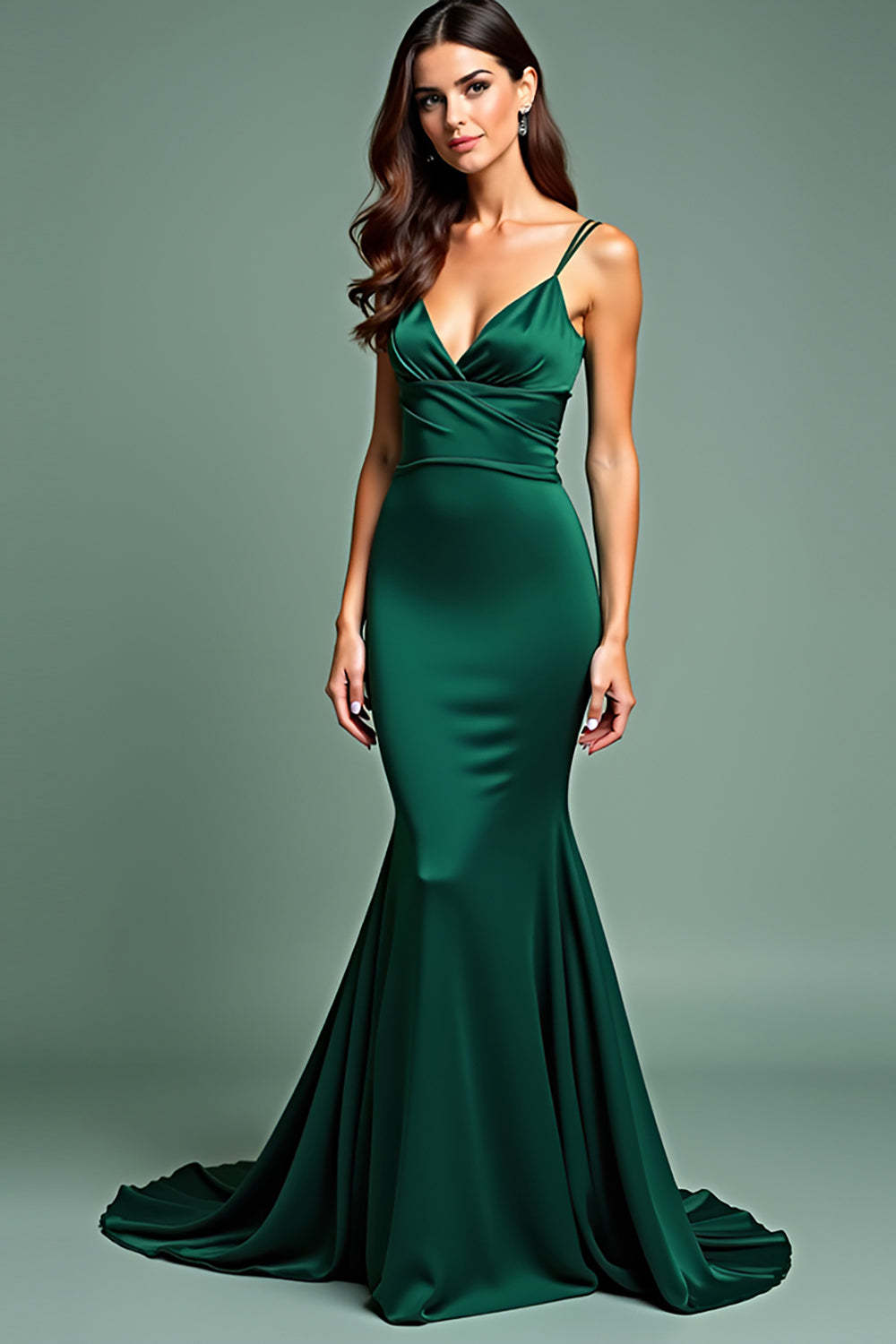 Dreamyannie Dark Green Wedding Guest Dress Deep V-Neck Spaghetti Straps Long Prom Dress