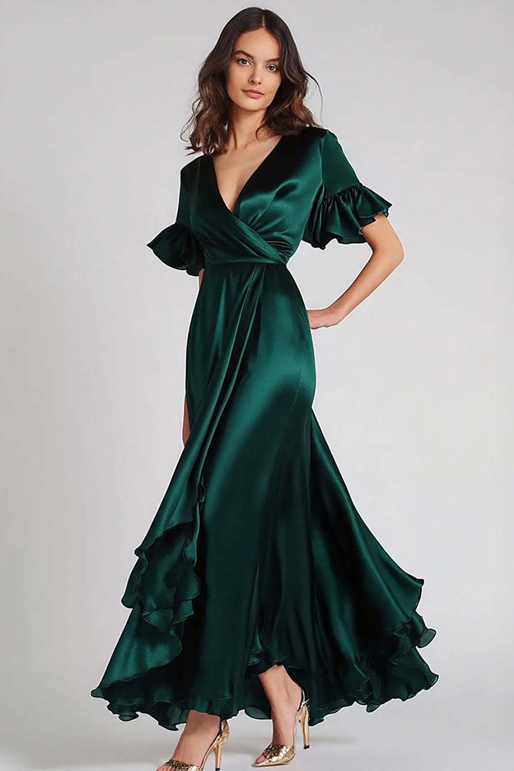 Dreamyannie Dark Green Wedding Guest Dress V-Neck Satin Long Formal Dress With Ruffles