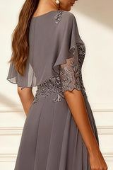 Dreamyannie Dark Grey A Line V Neck Tea Length Mother Of The Bride Dress With Lace