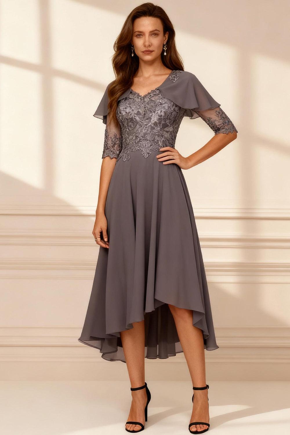 Dreamyannie Dark Grey A Line V Neck Tea Length Mother Of The Bride Dress With Lace