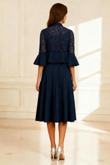 Dreamyannie Dark Navy A Line Lace 2 Piece Knee Length Mother Of The Bride Dress With Jacket