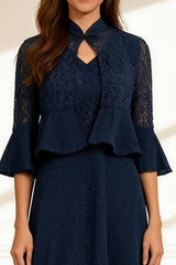 Dreamyannie Dark Navy A Line Lace 2 Piece Knee Length Mother Of The Bride Dress With Jacket
