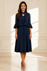 Dreamyannie Dark Navy A Line Lace 2 Piece Knee Length Mother Of The Bride Dress With Jacket