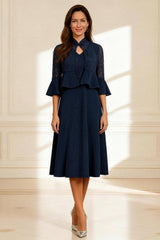 Dreamyannie Dark Navy A Line Lace 2 Piece Knee Length Mother Of The Bride Dress With Jacket