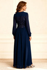 Dreamyannie Dark Navy Chiffon A Line Floor Length Mother Of The Bride Dress With Lace
