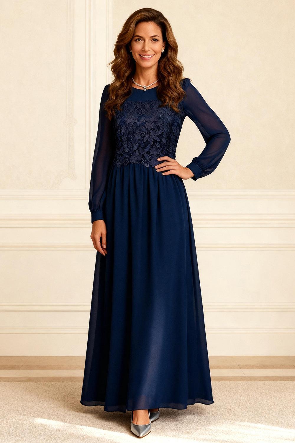 Dreamyannie Dark Navy Chiffon A Line Floor Length Mother Of The Bride Dress With Lace