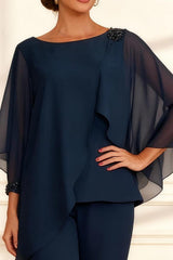 Dreamyannie Dark Navy Chiffon Boat Neck 2 Piece Mother Of The Bride Pant Suits
