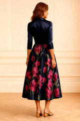 Dreamyannie Dark Navy Floral Printed Satin A Line Tea Length Mother Of The Bride Dress
