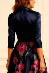 Dreamyannie Dark Navy Floral Printed Satin A Line Tea Length Mother Of The Bride Dress