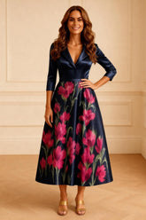 Dreamyannie Dark Navy Floral Printed Satin A Line Tea Length Mother Of The Bride Dress