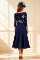 Dreamyannie Dark Navy Printed A Line Tea Length Mother Of The Bride Dress With Sleeves