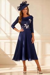 Dreamyannie Dark Navy Printed A Line Tea Length Mother Of The Bride Dress With Sleeves