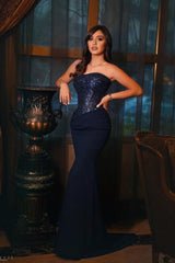 Dreamyannie Dark Navy Prom Dress Mermaid Strapless Sleeveless Sequined Sweep Train Satin Formal Dress