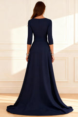 Dreamyannie Dark Navy Satin Boat Neck Floor Length Mother Of The Bride Jumpsuits With Cape