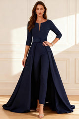 Dreamyannie Dark Navy Satin Boat Neck Floor Length Mother Of The Bride Jumpsuits With Cape