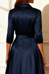 Dreamyannie Dark Navy Satin V Neck Floor Length Mother Of The Bride Dress With Slit