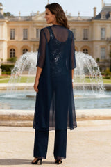 Dreamyannie Dark Navy Sequins 3 Piece Mother Of The Bride Pant Suits With Jacket
