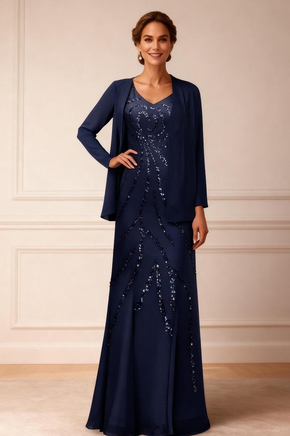 Dreamyannie Dark Navy Sequins Mermaid 2 Piece Floor Length Mother Of The Bride Dress With Jacket