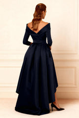 Dreamyannie Dark Navy V Neck Satin High Low Mother Of The Bride Dress With Pockets