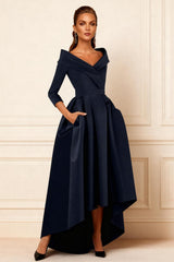 Dreamyannie Dark Navy V Neck Satin High Low Mother Of The Bride Dress With Pockets