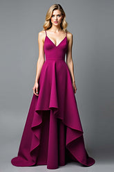 Dreamyannie Dark Purple Wedding Guest Dress A Line V-Neck Satin Long Formal Dress With Ruffles