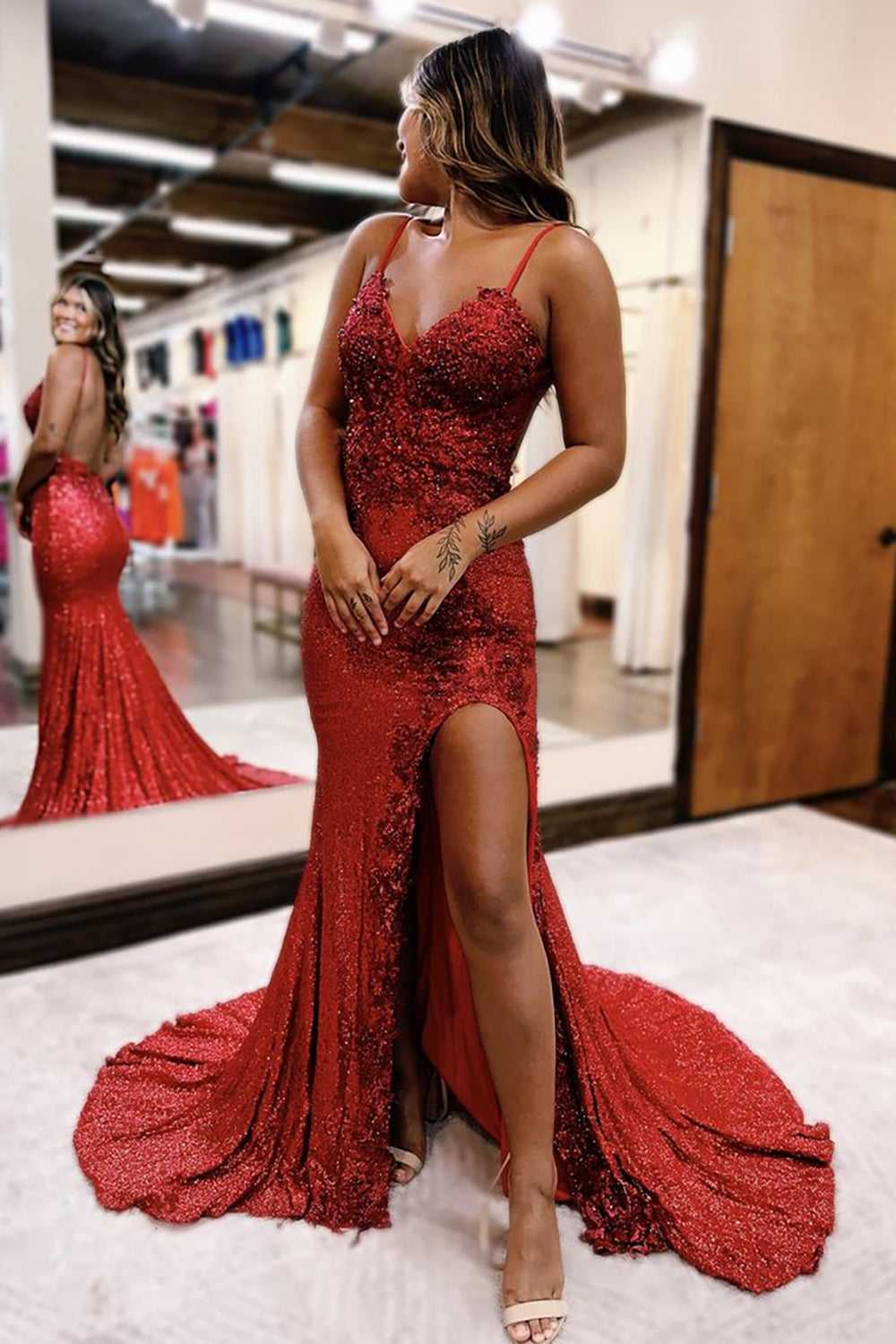 Dreamyannie Dark Red Prom Dress Mermaid Long Lace Evening Dress With Slit