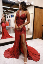 Dreamyannie Dark Red Prom Dress Mermaid Long Lace Evening Dress With Slit