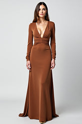 Dreamyannie Deep V-Neck Caramel Sheath Long Gala Dress With Long Sleeves