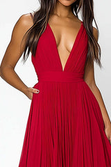 Dreamyannie Deep V-Neck Chiffon A Line Red Wedding Guest Dress Long Formal Dress