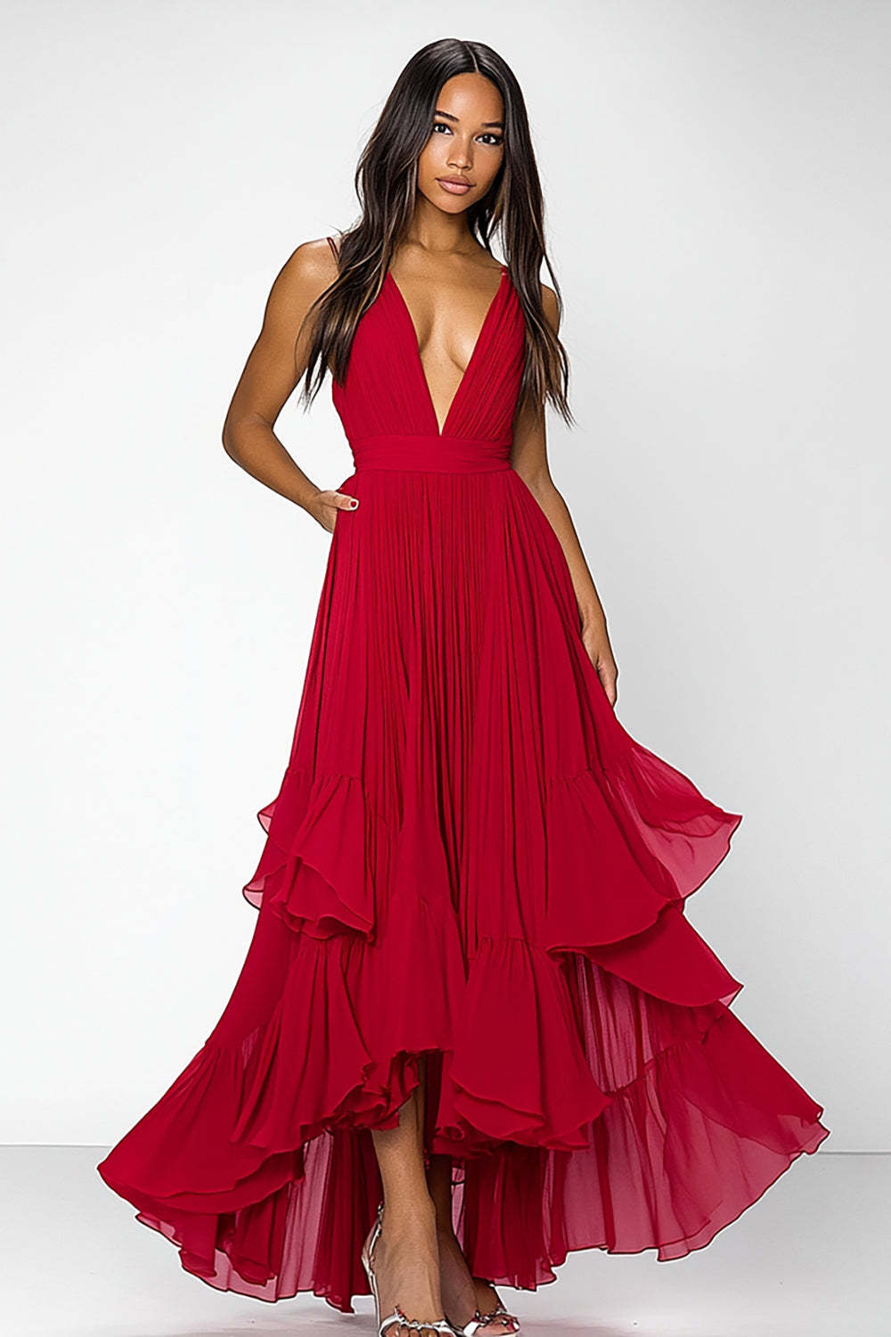 Dreamyannie Deep V-Neck Chiffon A Line Red Wedding Guest Dress Long Formal Dress
