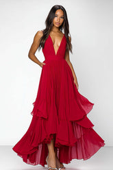 Dreamyannie Deep V-Neck Chiffon A Line Red Wedding Guest Dress Long Formal Dress