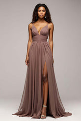 Dreamyannie Deep V-Neck Chiffon Dusk Long Formal Dress With Slit
