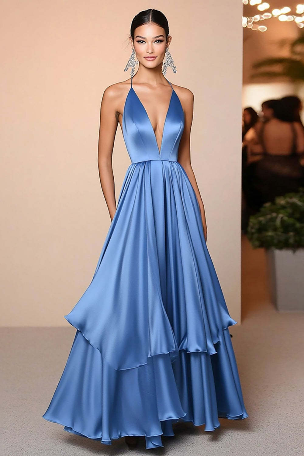 Dreamyannie Deep V-Neck Floor Length Blue Wedding Guest Dress A Line Satin Formal Dress