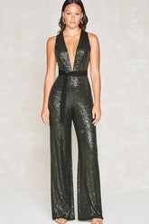 Dreamyannie Deep V-Neck Olive Wedding Guest Dress Gala Jumpsuits With Belt