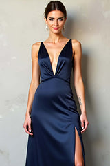 Dreamyannie Deep V-Neck Satin Navy Wedding Guest Dress Long Formal Dress With Slit