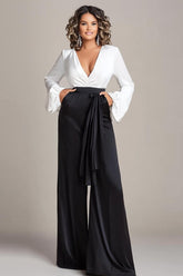 Dreamyannie Deep V-Neck White And Black Wedding Guest Dress Satin Long Sleeves Formal Jumpsuits