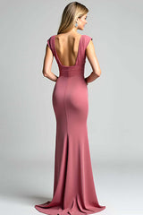 Dreamyannie Desert Rose Mermaid V-Neck Long Ruched Formal Dress