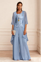 Dreamyannie Dusty Blue Chiffon Appliqued 3 Piece Mother Of The Bride Pant Suits With Jacket