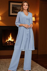 Dreamyannie Dusty Blue Chiffon Beaded 3 Piece Mother Of The Bride Pant Suits With Jacket