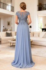 Dreamyannie Dusty Blue Chiffon Boat Neck Long Mother Of The Bride Dress With Lace
