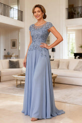 Dreamyannie Dusty Blue Chiffon Boat Neck Long Mother Of The Bride Dress With Lace