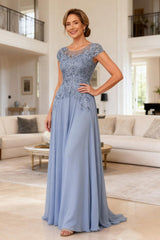 Dreamyannie Dusty Blue Chiffon Boat Neck Long Mother Of The Bride Dress With Lace