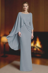 Dreamyannie Dusty Blue Chiffon Sheath Floor Length Mother Of The Bride Dress
