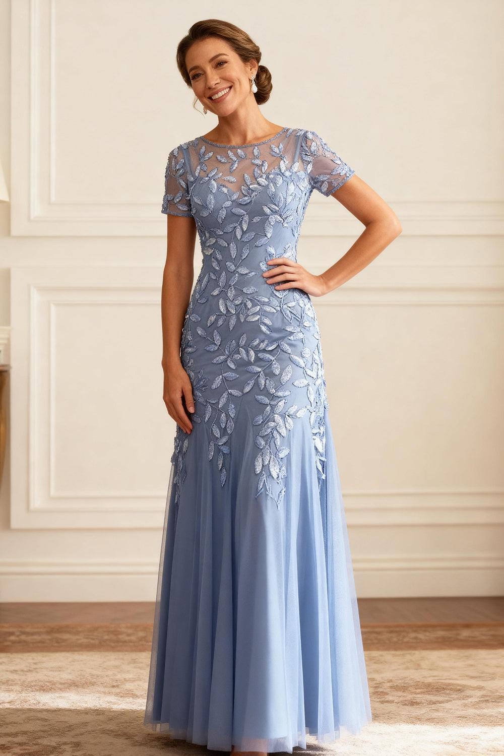 Dreamyannie Dusty Blue Lace Mermaid Floor Length Mother Of The Bride Dress With Sleeves