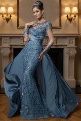 Dreamyannie Dusty Blue Mermaid Lace Floor Length Mother Of The Bride Dress With Cape
