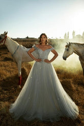 Dreamyannie Dusty Blue Prom Dress A Line Off The Shoulder Sleeveless Lace Tulle Formal Dress With Sequins